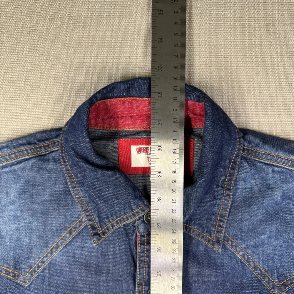 True Religion Mens LS Western Denim Button Down Shirt Blue Red Trim Large